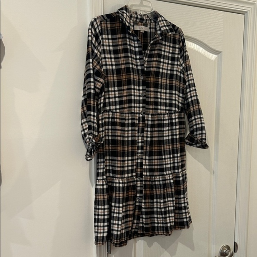 LOFT Black and Tan Checkered Blouse - Picture 1 of 5